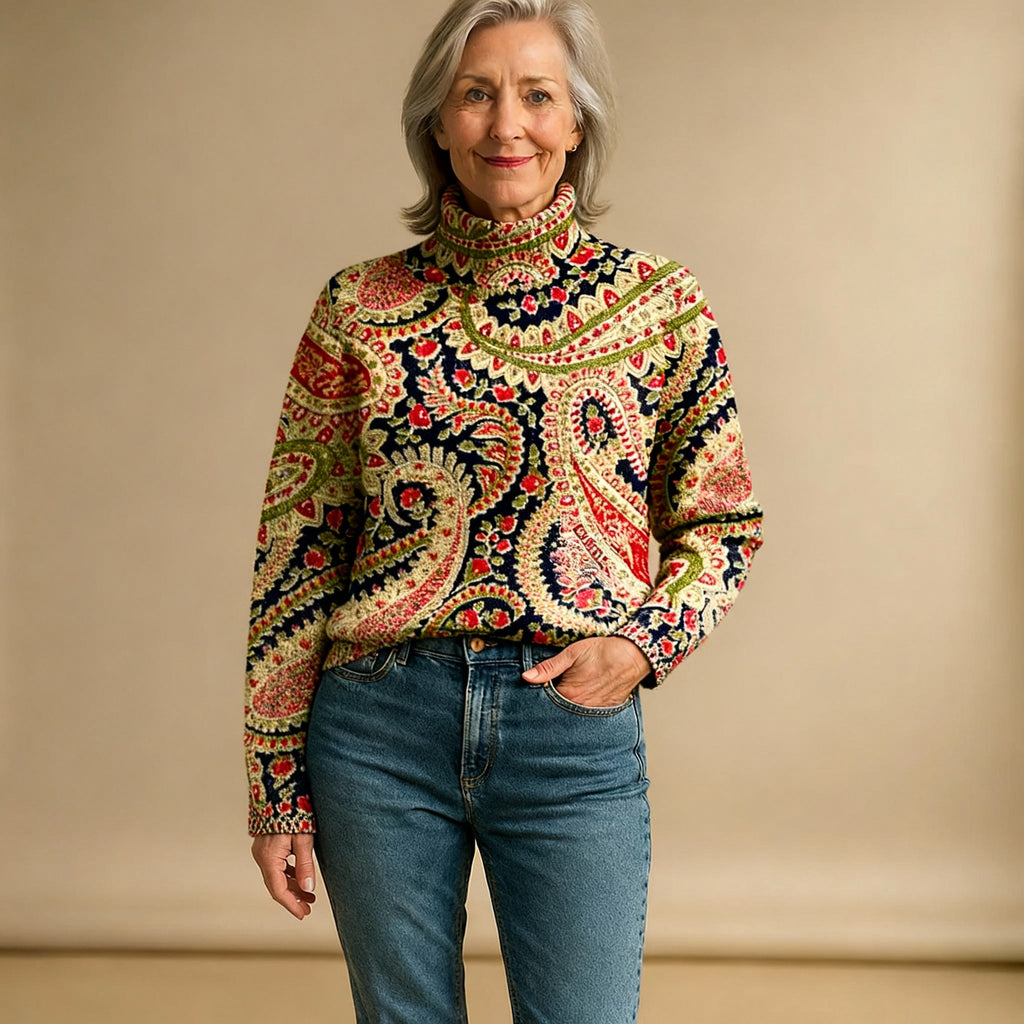 Vintage Floral Knit Turtleneck Sweater