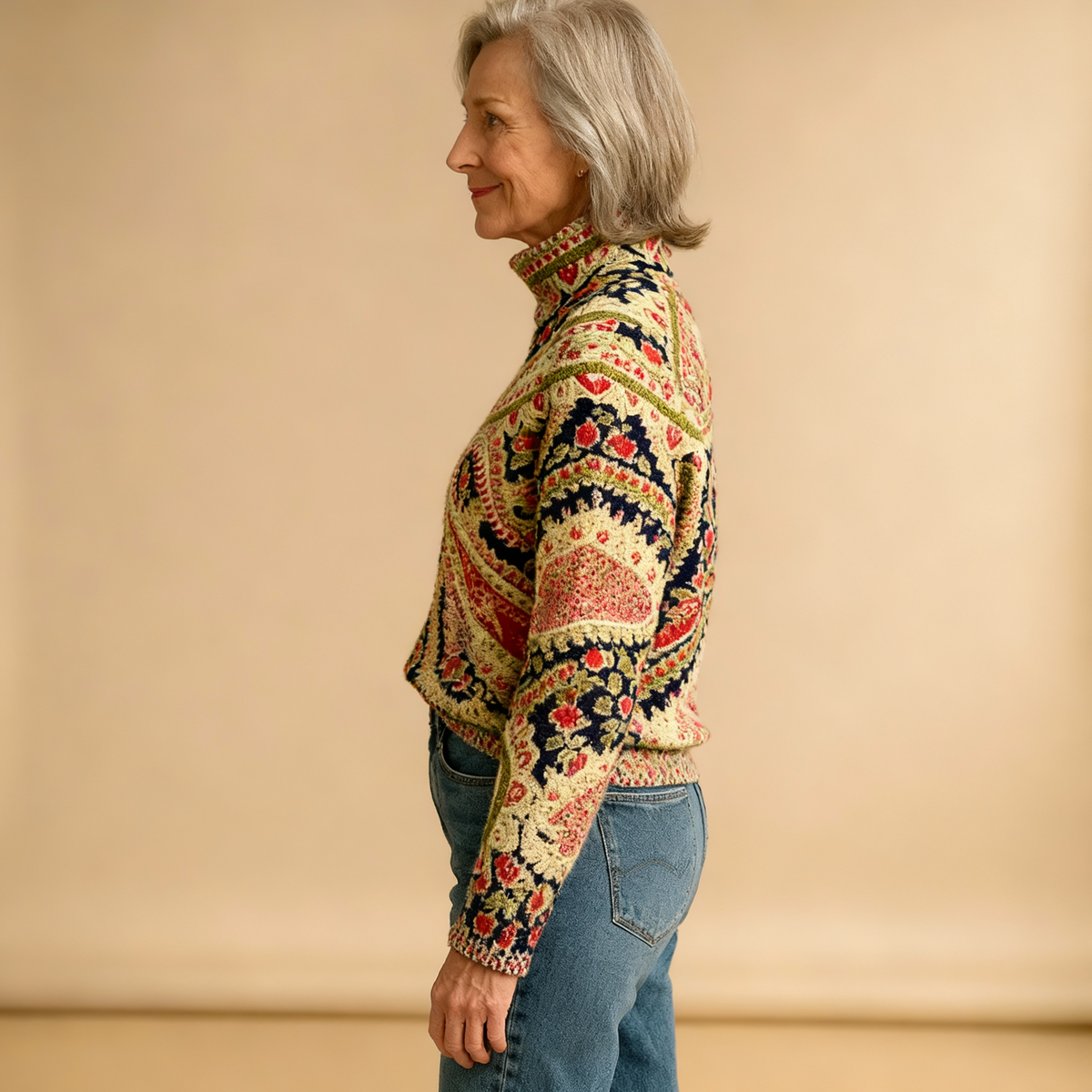 Vintage Floral Knit Turtleneck Sweater