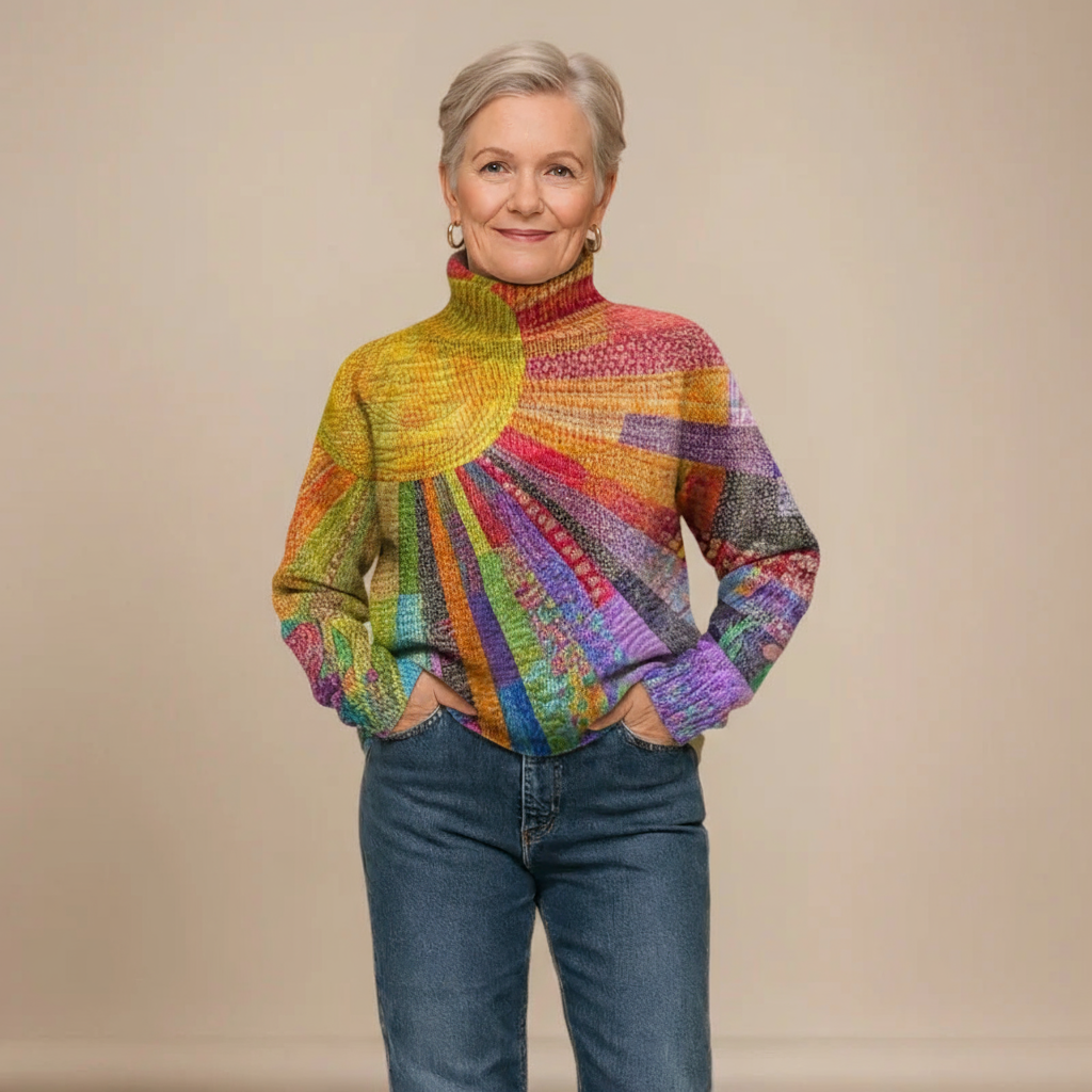 Colorful Sun Collage Print Knit Turtleneck Pullover Sweater