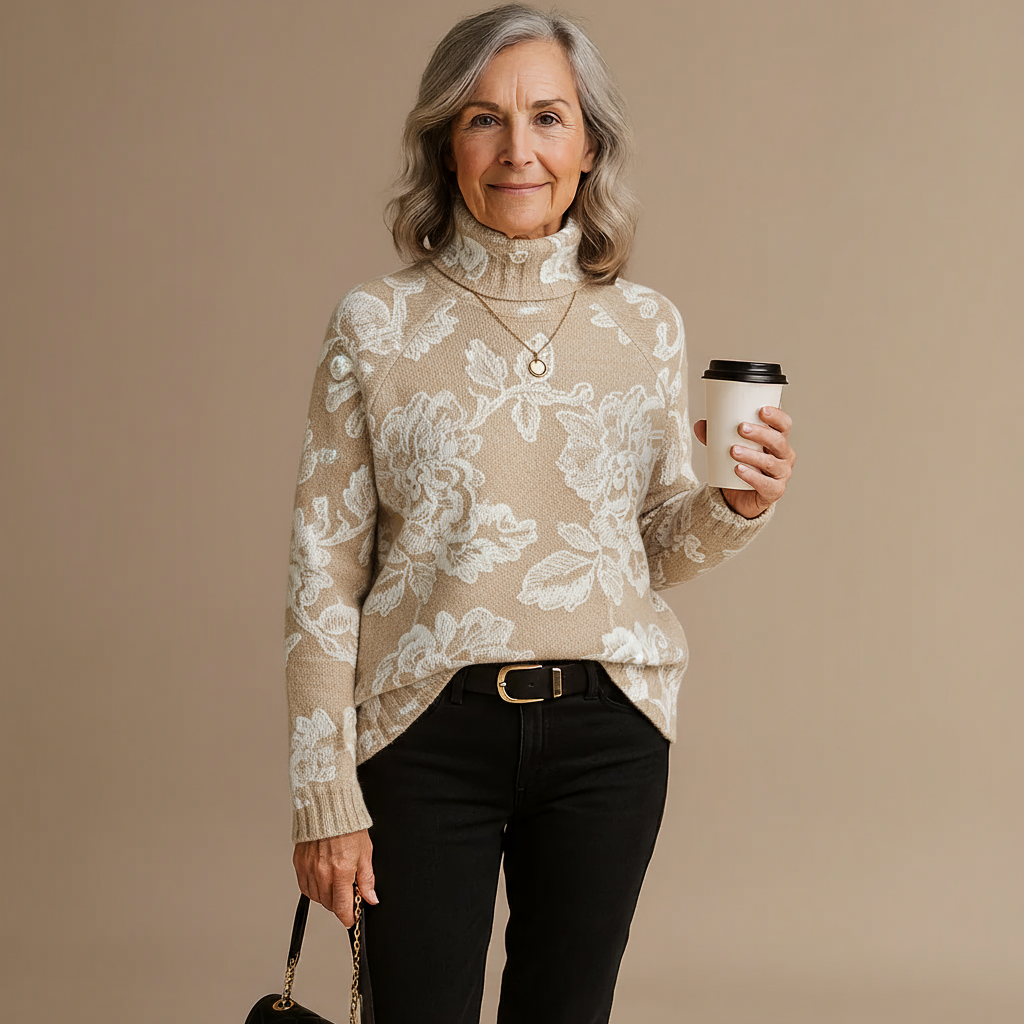 Timeless Vintage Floral Knit Turtleneck Sweater