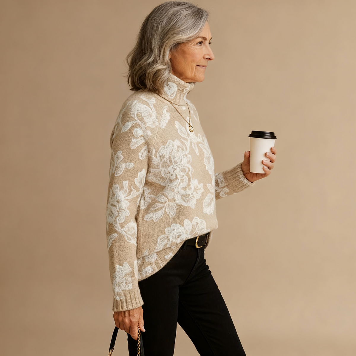 Timeless Vintage Floral Knit Turtleneck Sweater