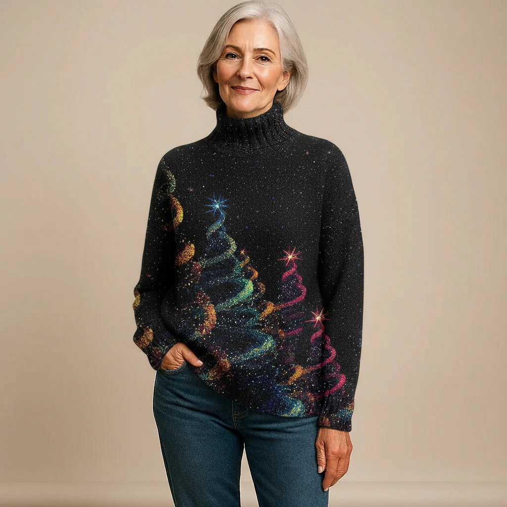 Glitter Christmas Tree Knit Turtleneck Sweater