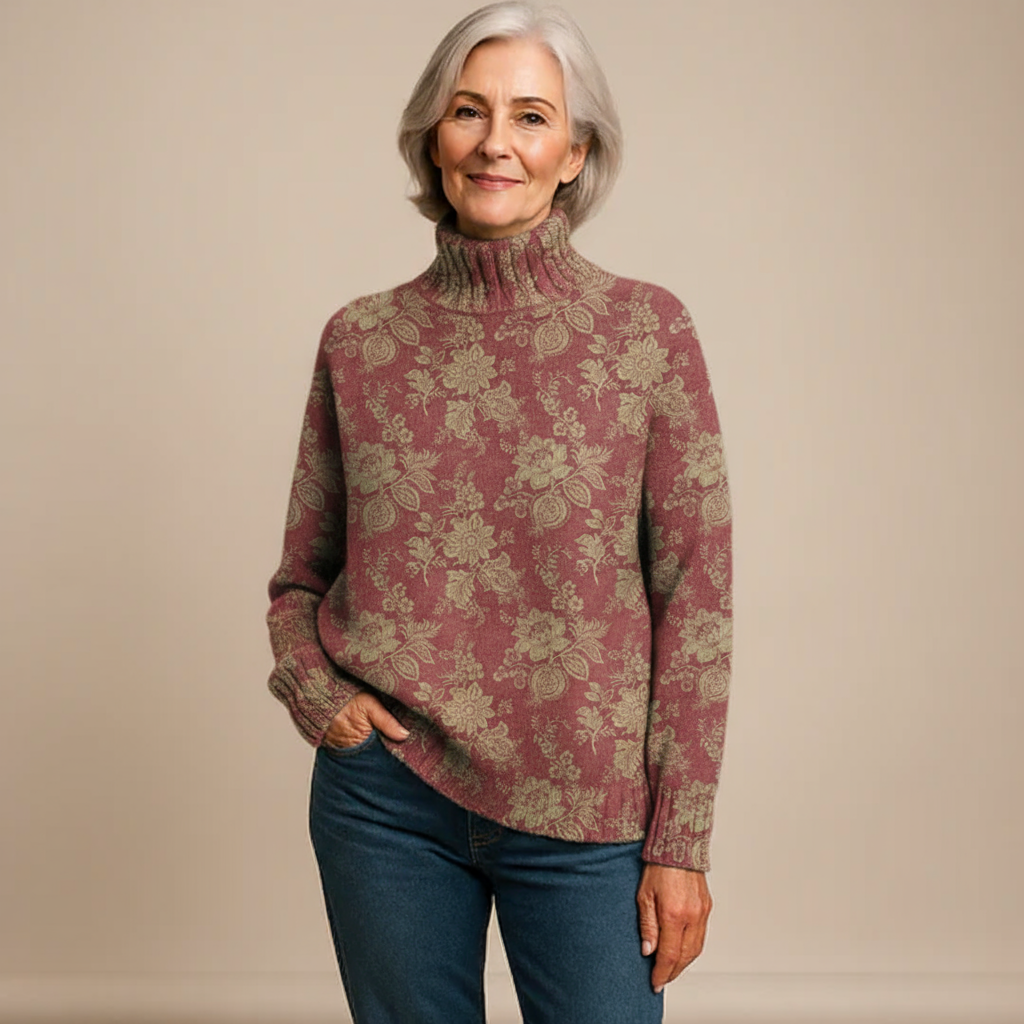 Retro Rose Print Knit Turtleneck Sweater