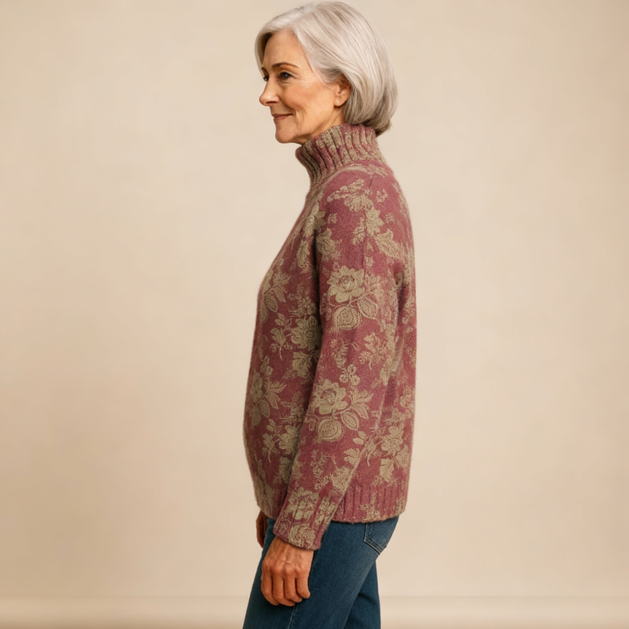 Retro Rose Print Knit Turtleneck Sweater