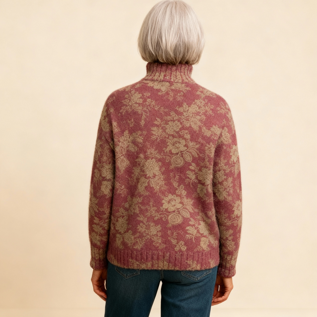 Retro Rose Print Knit Turtleneck Sweater