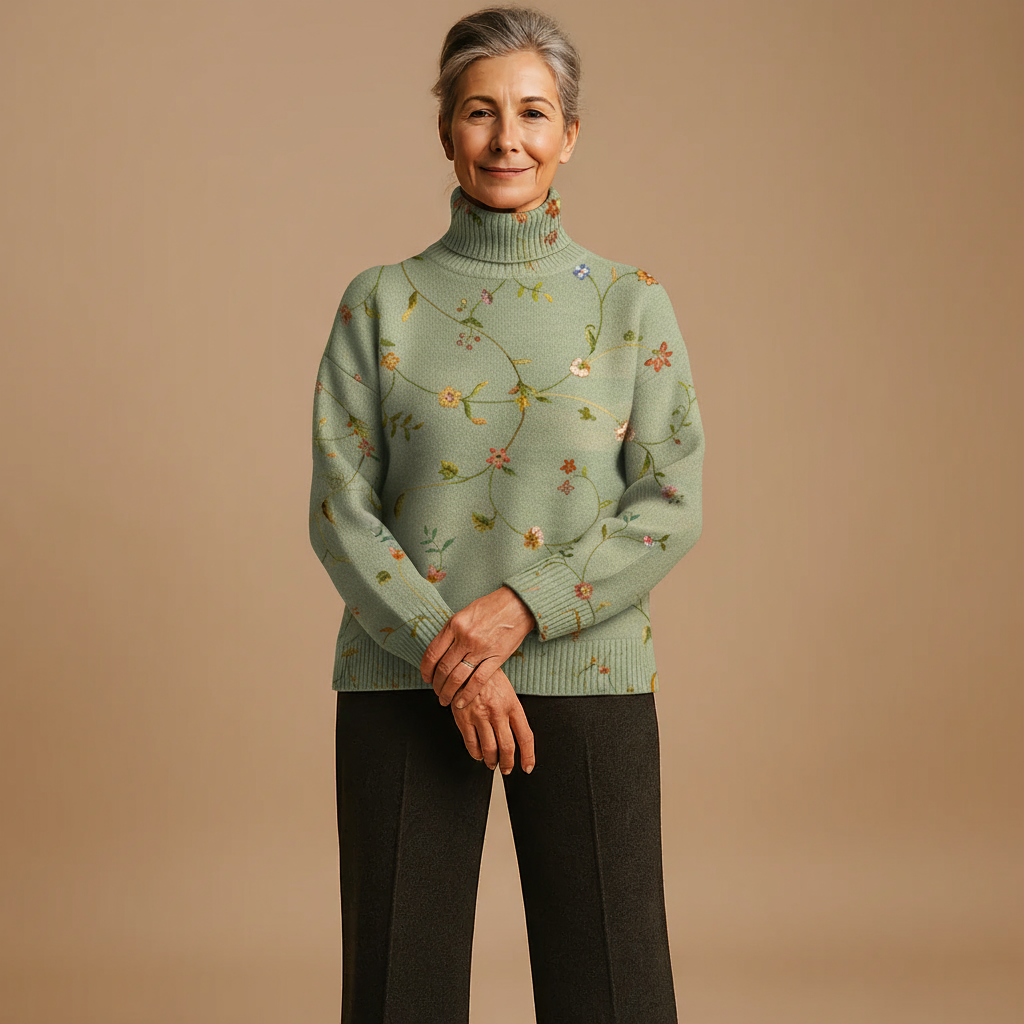 Vintage Lovely Floral Art Print Knit Turtleneck Pullover Sweater