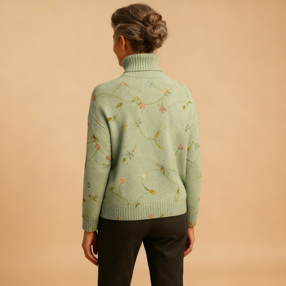 Vintage Lovely Floral Art Print Knit Turtleneck Pullover Sweater