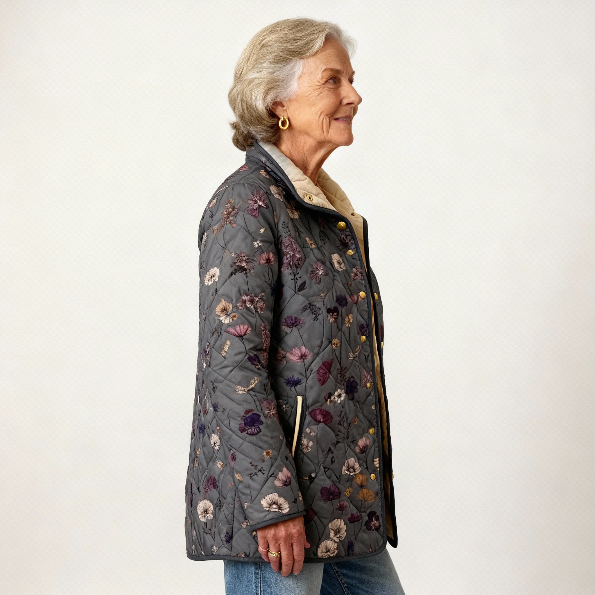Elle | Women's Vintage Floral Print Casual Quilted Jacket