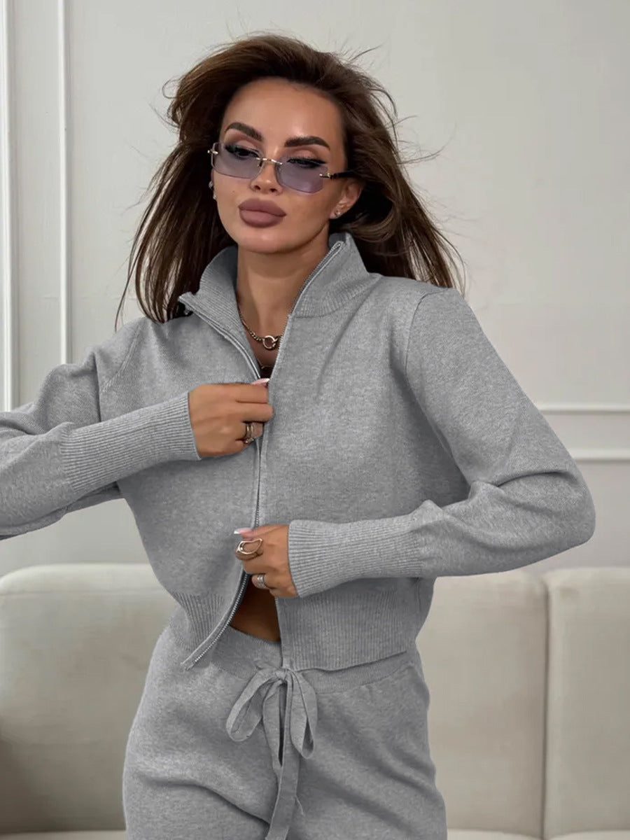 Knit 2 Piece Set – Drawstring Wide Leg Pants with Zip Jacket Top