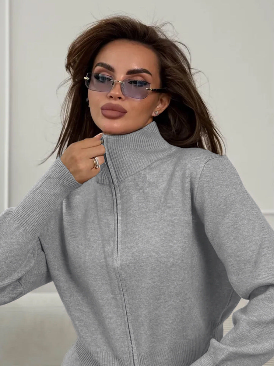 Knit 2 Piece Set – Drawstring Wide Leg Pants with Zip Jacket Top
