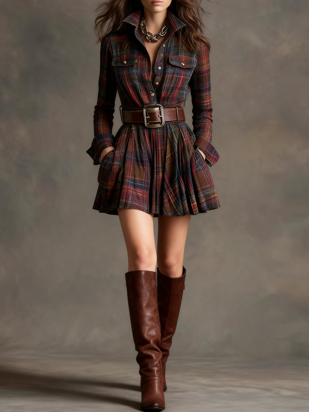 Vintage Lapel Red and Brown Plaid Mini Dress (Includes belt）
