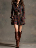 Vintage Lapel Red and Brown Plaid Mini Dress (Includes belt）