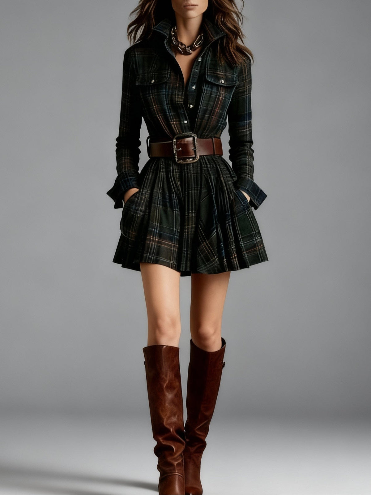 Vintage Lapel Red and Brown Plaid Mini Dress (Includes belt）