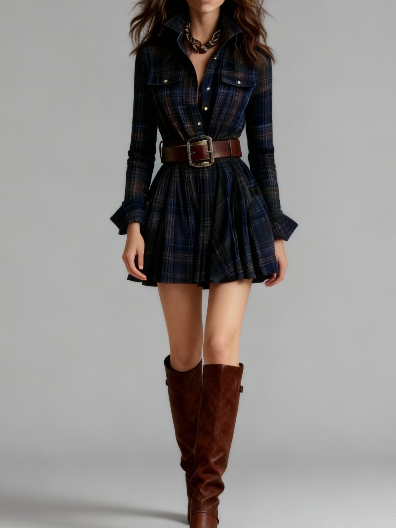 Vintage Lapel Red and Brown Plaid Mini Dress (Includes belt）