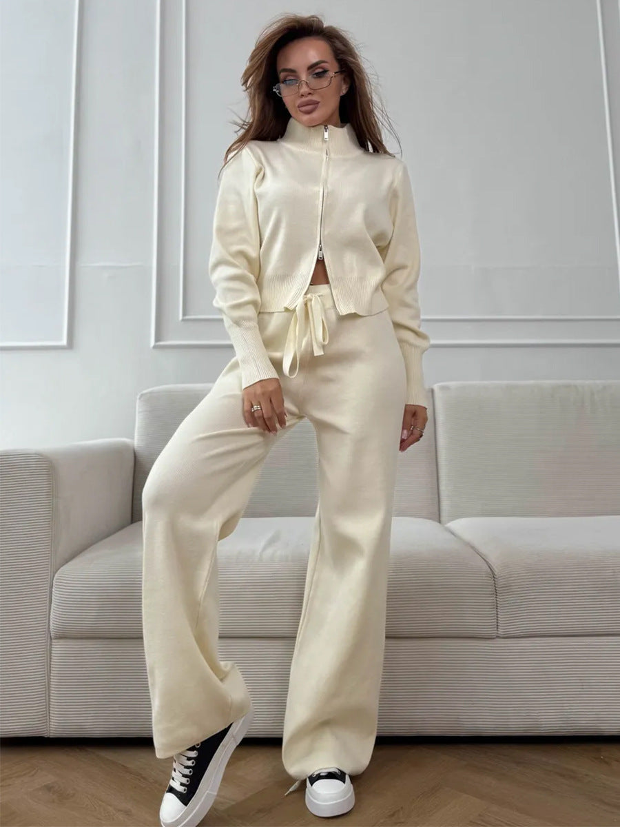 Knit 2 Piece Set – Drawstring Wide Leg Pants with Zip Jacket Top