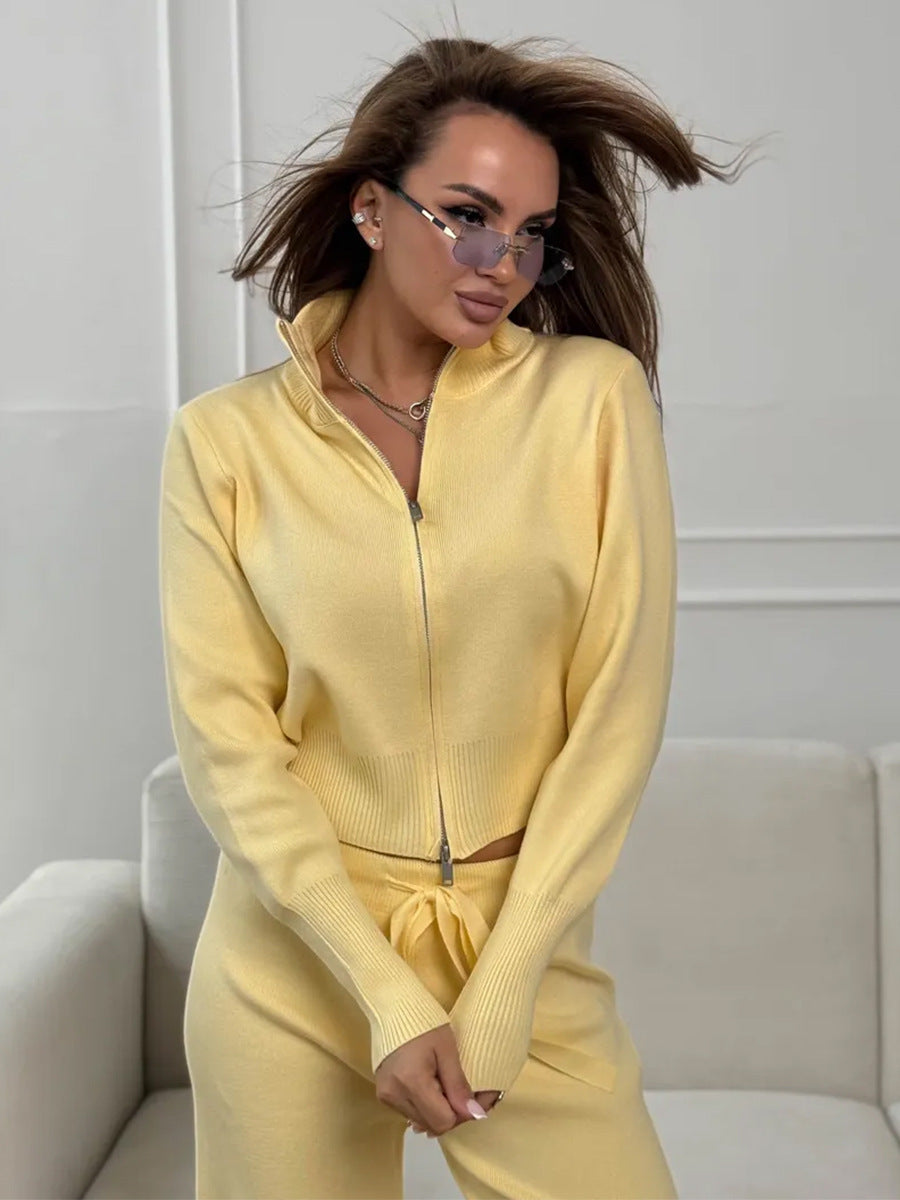 Knit 2 Piece Set – Drawstring Wide Leg Pants with Zip Jacket Top