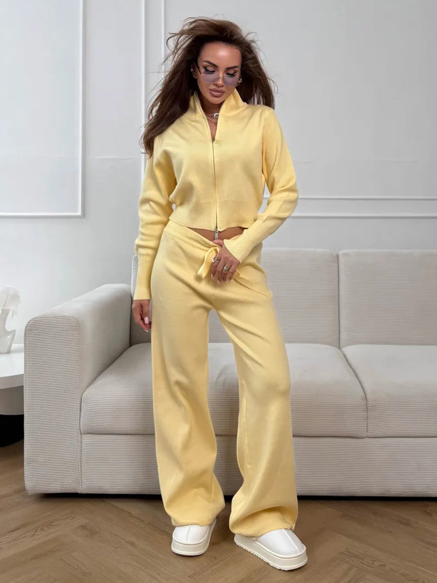 Knit 2 Piece Set – Drawstring Wide Leg Pants with Zip Jacket Top